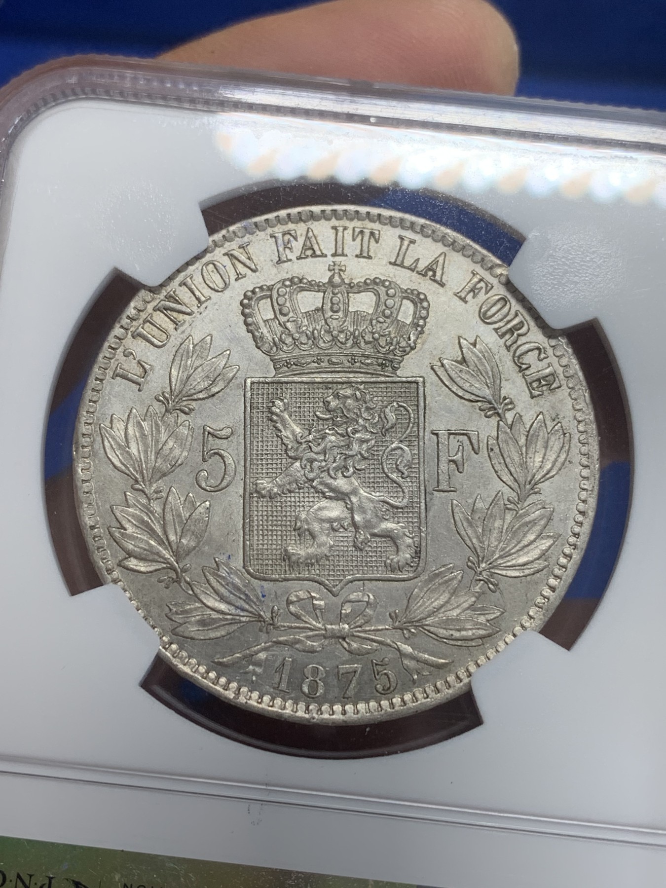 《竞宝斋》第209场-周日，周一 2场 (全场包邮) NGC AU55 比利时1875利奥波德 5法郎银币 细节好