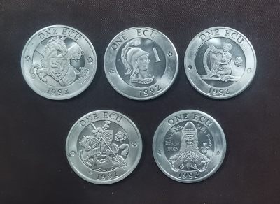 北京马甸外国币专卖微拍第110期，外国非贵金属纪念币，流通币专场，陆续上新，欢迎关注 - 英联邦1992年1埃居珍稀币5枚／套（英格兰，苏格兰，北爱尔兰，威尔士）