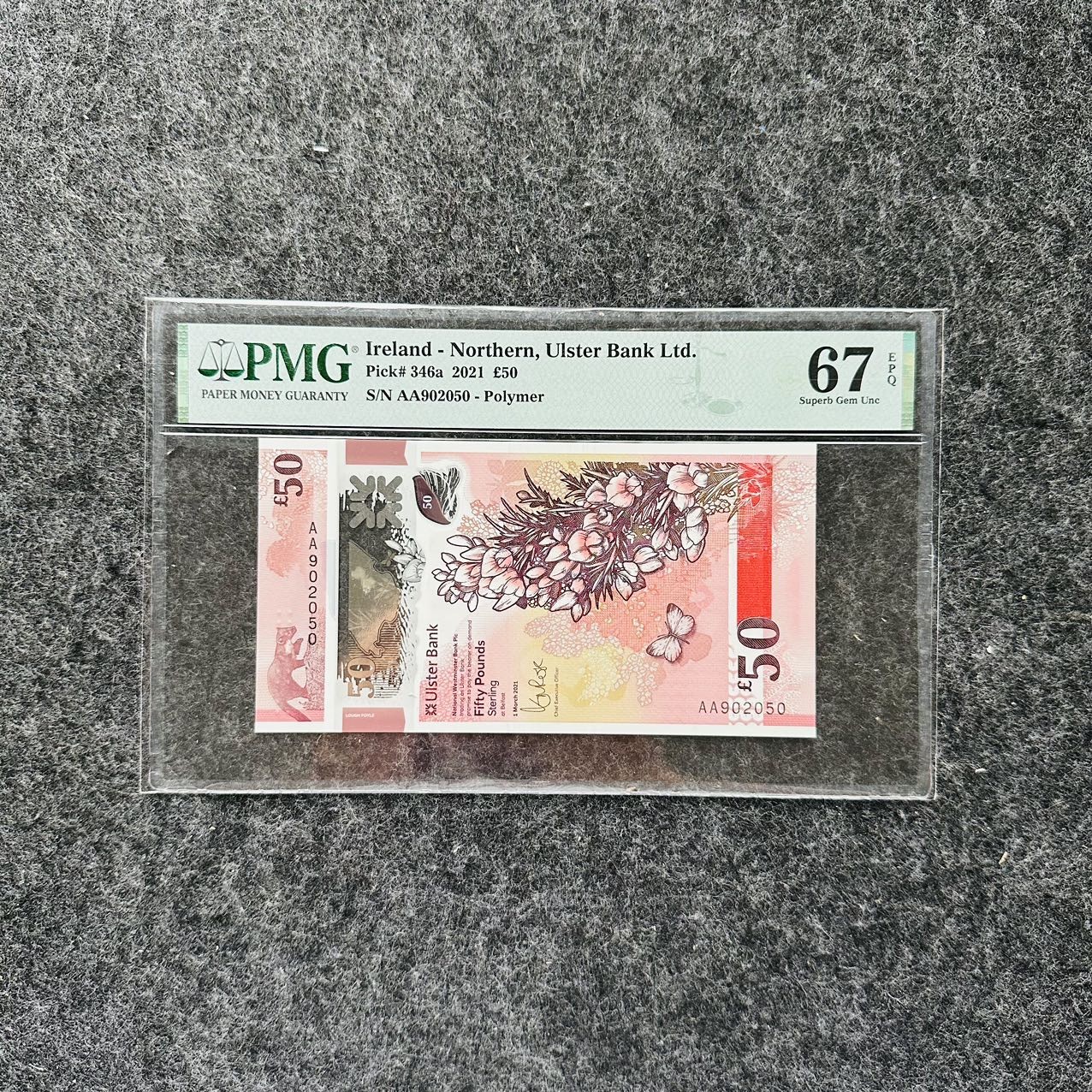 北爱阿尔斯特银行2022年50镑塑料钞，AA首发冠，无47，PMG67