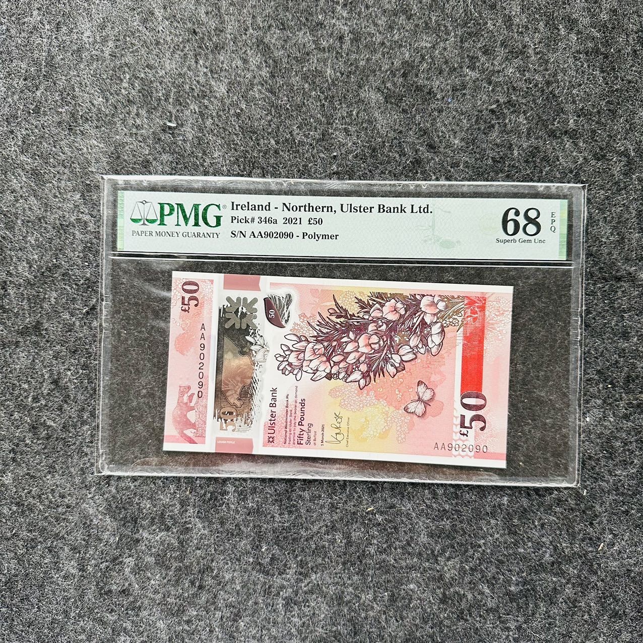 北爱阿尔斯特银行2022年50镑塑料钞，AA首发冠，无47，PMG68