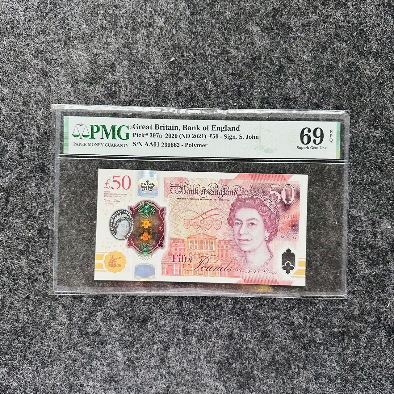 英格兰银行2021年50镑塑料钞，AA01首发冠，PMG69