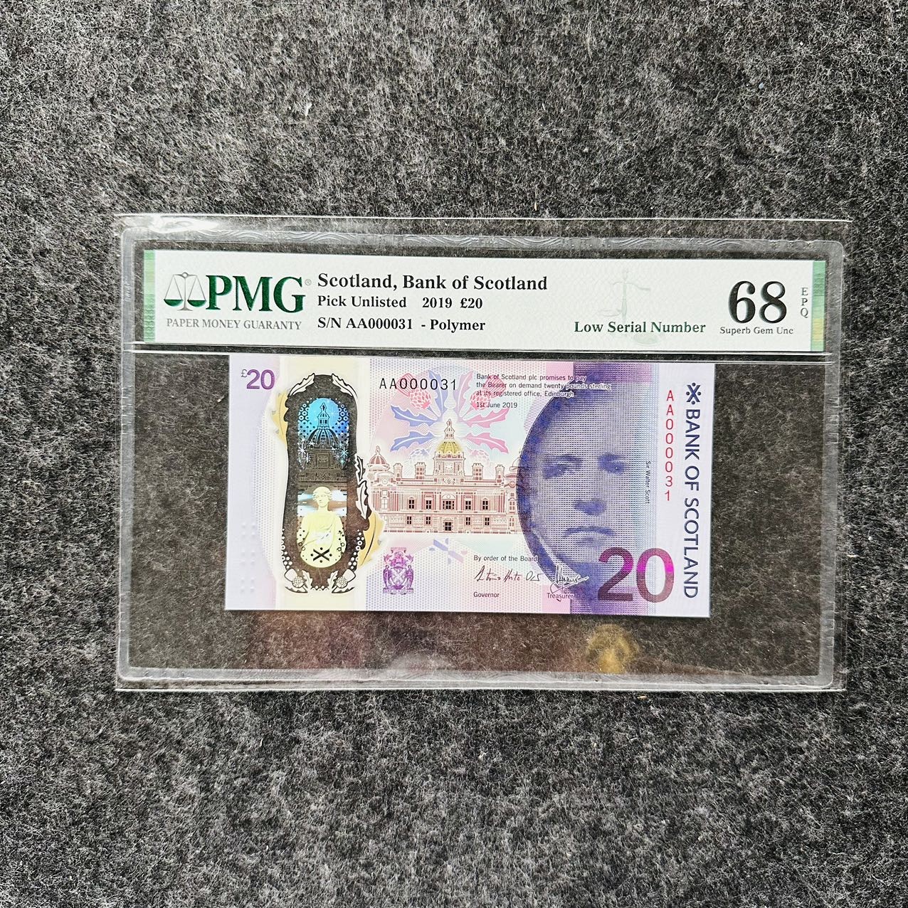 苏格兰银行2020年20镑塑料钞，慈善纪念钞，AA首发冠（仅发行50张）PMG68