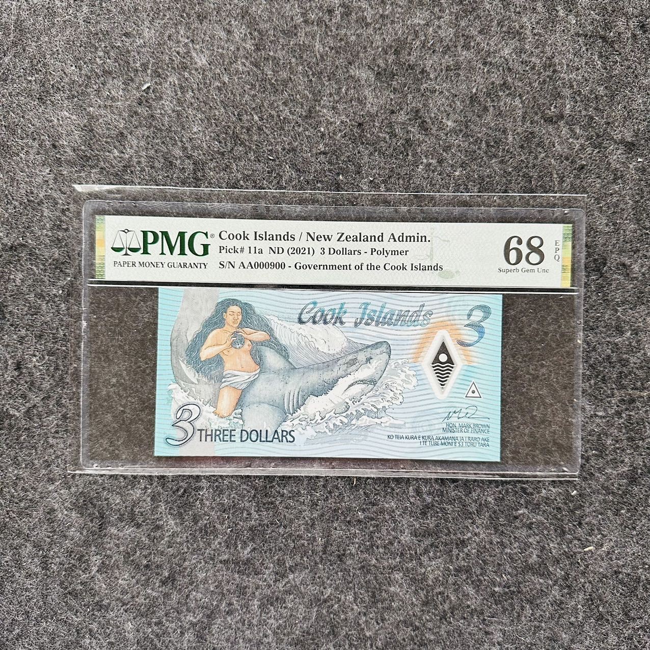 库克群岛2021年3元塑料钞，纪念钞，PMG68