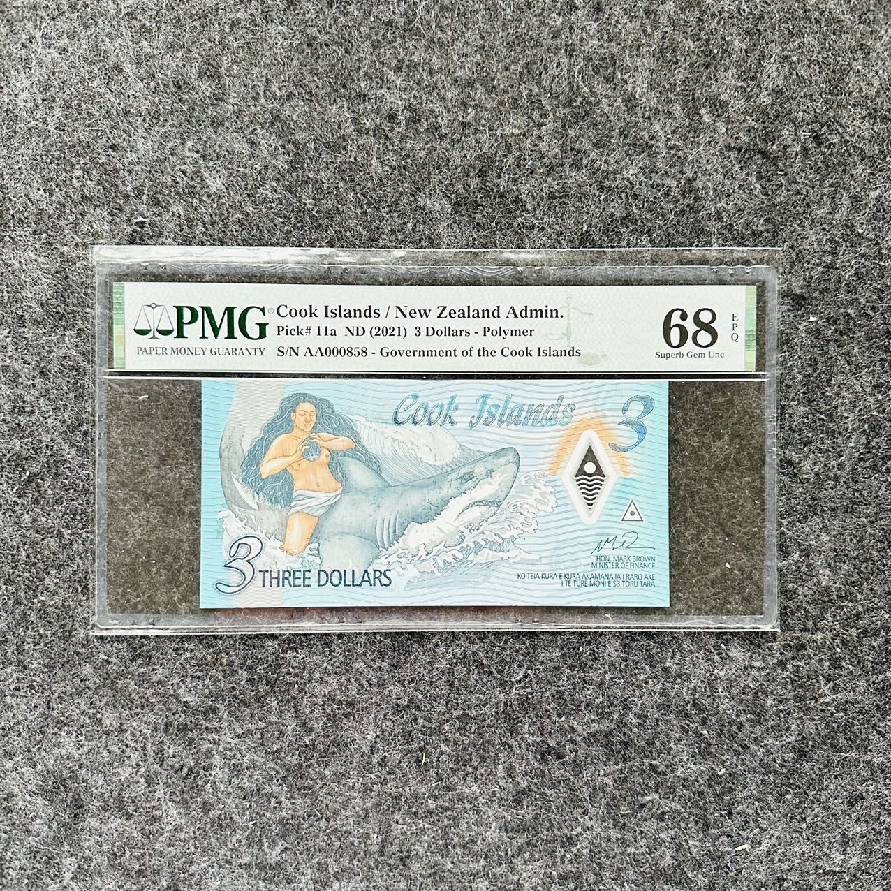 库克群岛2021年3元塑料钞，纪念钞，PMG68