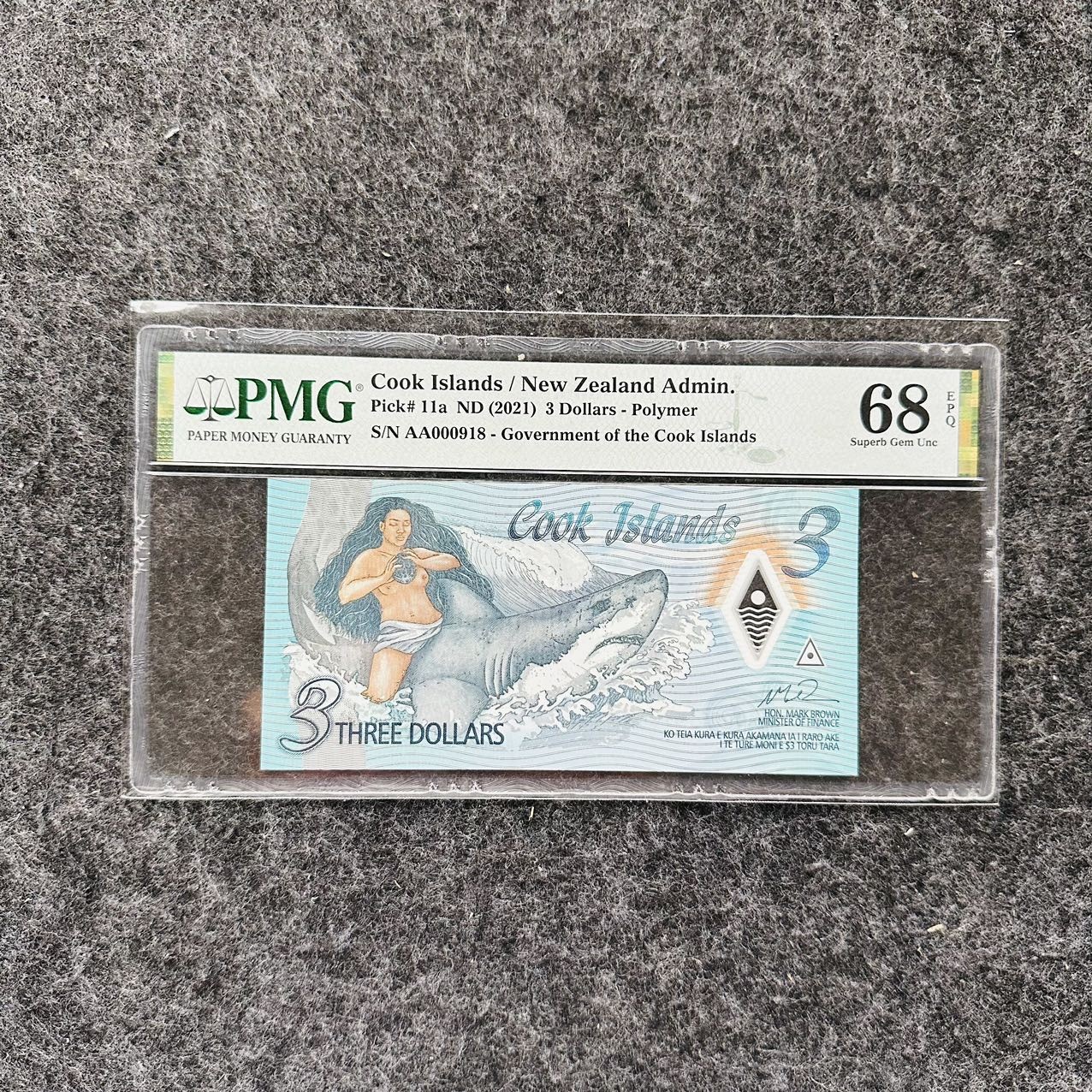 库克群岛2021年3元塑料钞，纪念钞，PMG68