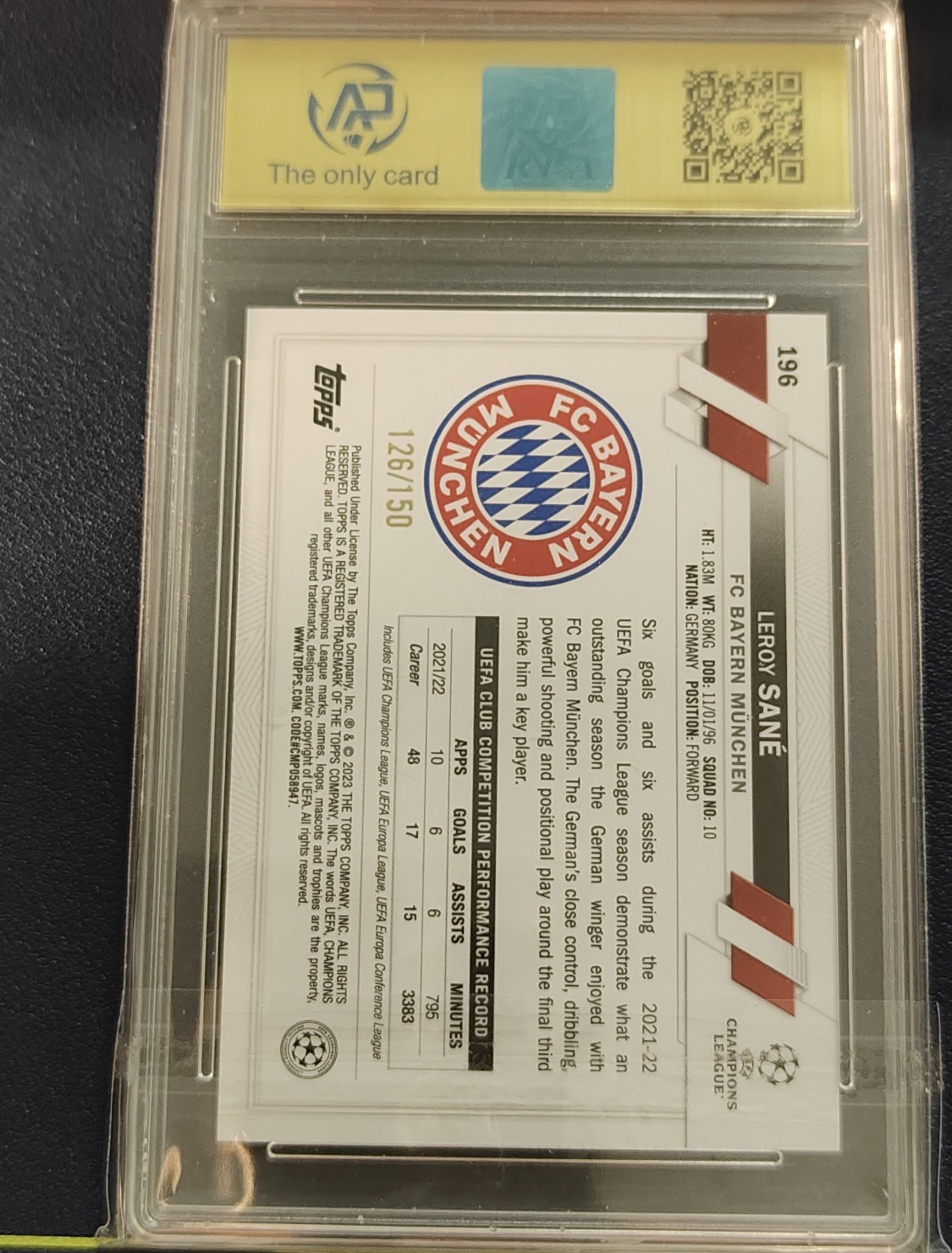 Topps球星卡 2023 Topps 碧玉 Leroy Sané 欧冠 萨内 拜仁 150编 rpa评级卡 新春折