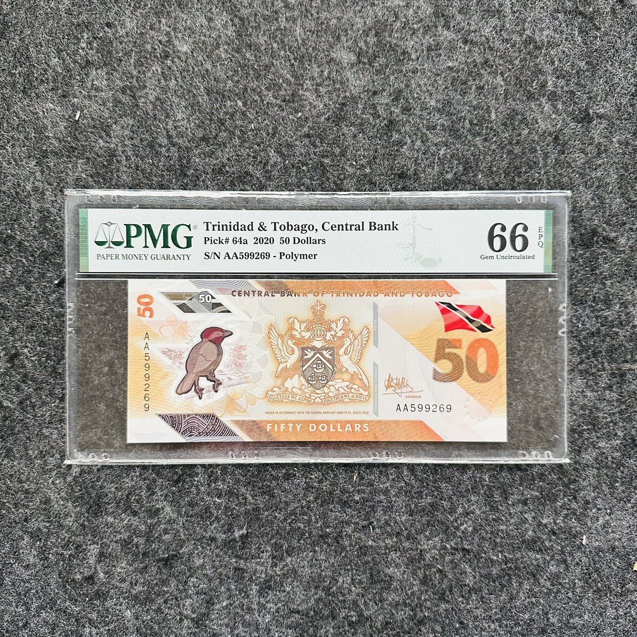 特立尼达和多巴哥2021年50元塑料钞，AA首发冠，PMG66