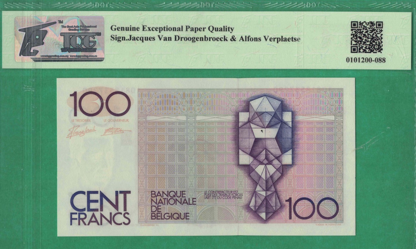 比利时100法郎 1982年至1994年 P-142a 签名少 无4 欧洲 实物图 UNC