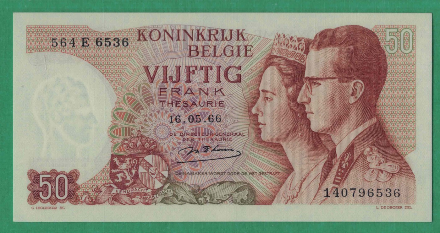 比利时50法郎 1966年 P-139 欧洲纸币 实物图 UNC