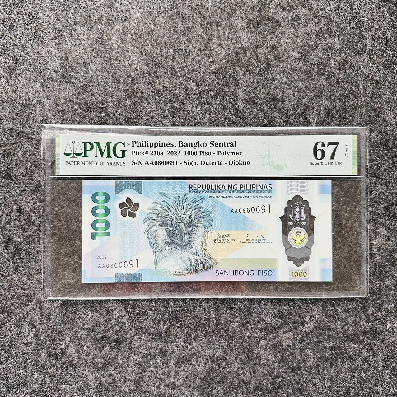 菲律宾2022年1000比索塑料钞，AA首发冠，IBNS获奖钞🏆，PMG67