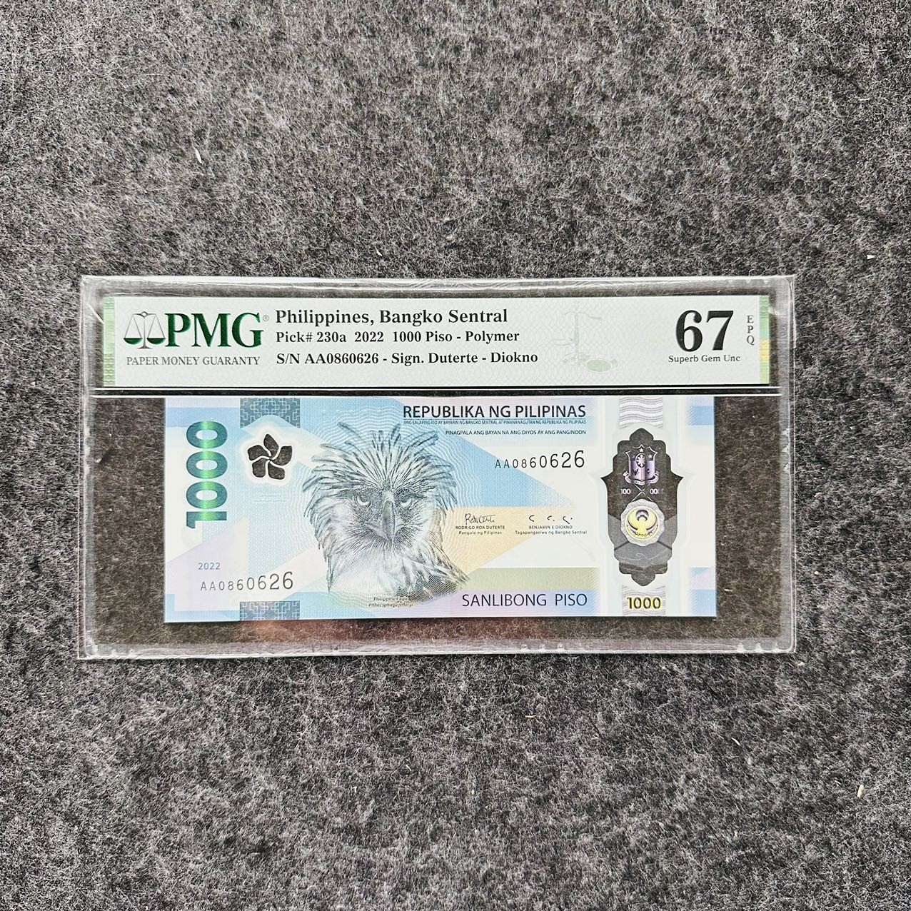 菲律宾2022年1000比索塑料钞，AA首发冠，IBNS获奖钞🏆，PMG67