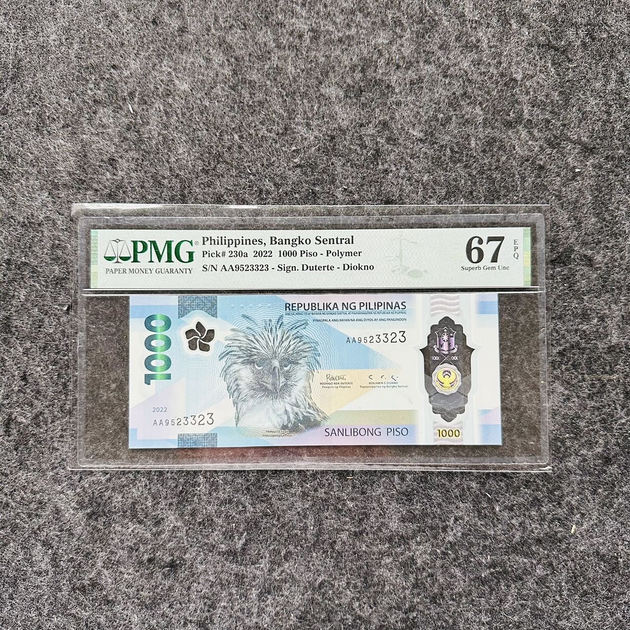 菲律宾2022年1000比索塑料钞，AA首发冠，IBNS获奖钞🏆，PMG67
