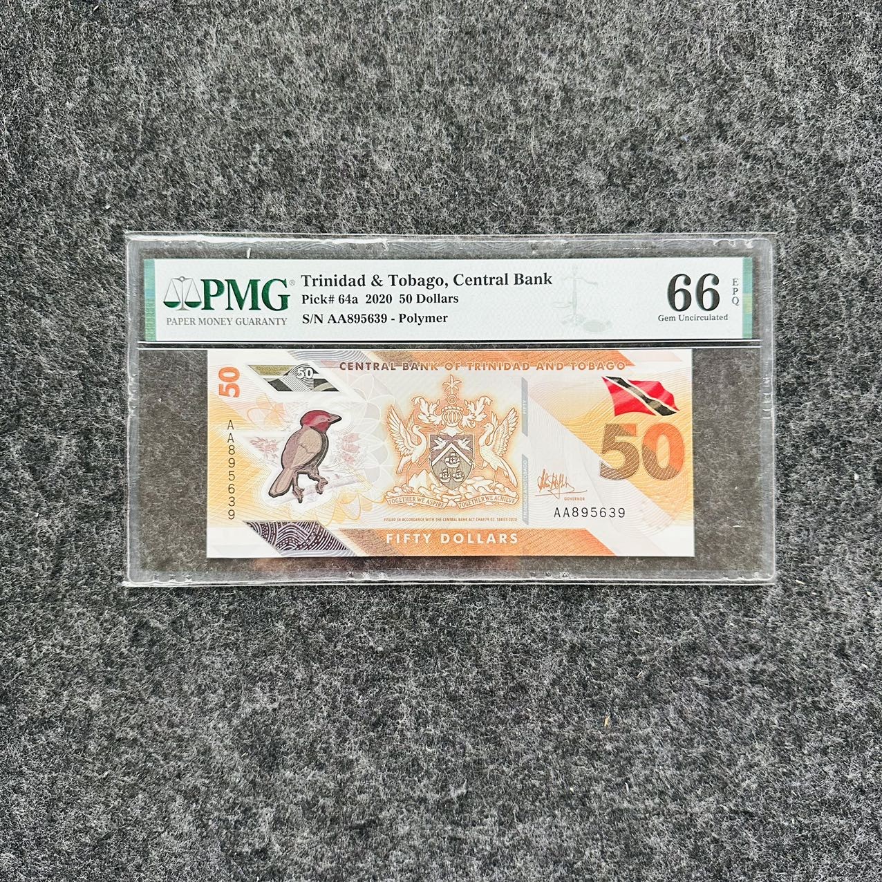 特立尼达和多巴哥2021年50元塑料钞，AA首发冠，PMG66