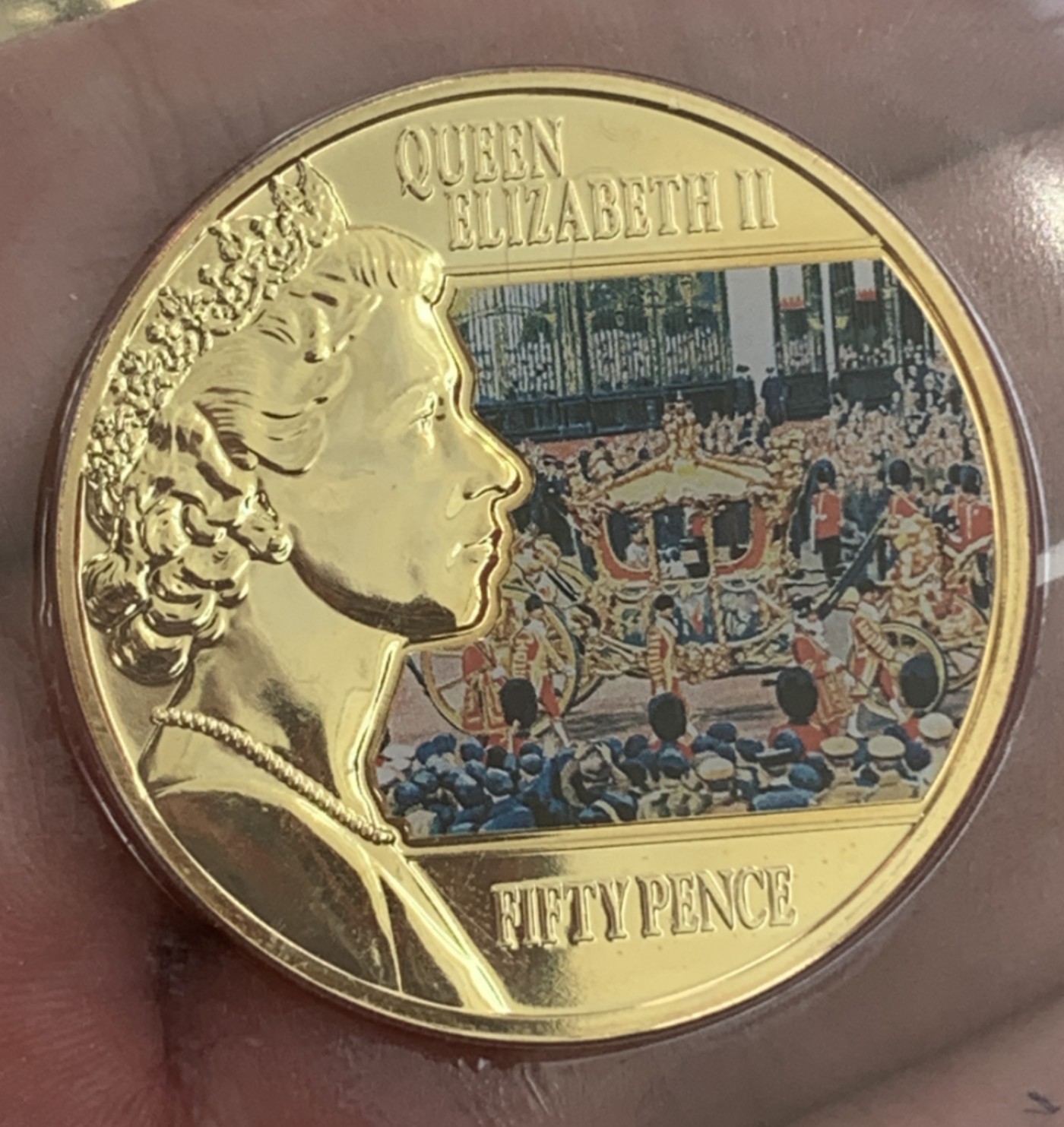 全新2014英属根西岛50便士 (对时代的反思钻石周年纪念） 彩色铜镀金克朗型纪念币