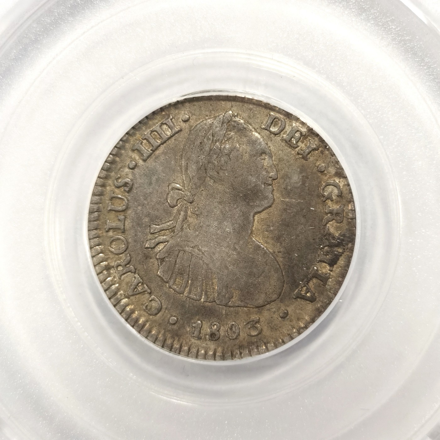 博洋堂世界钱币拍卖第164期（全场包邮） 公博 AU50 西属墨西哥1803年MO FT卡洛斯四世1R双柱银币，少见1里亚尔辅币