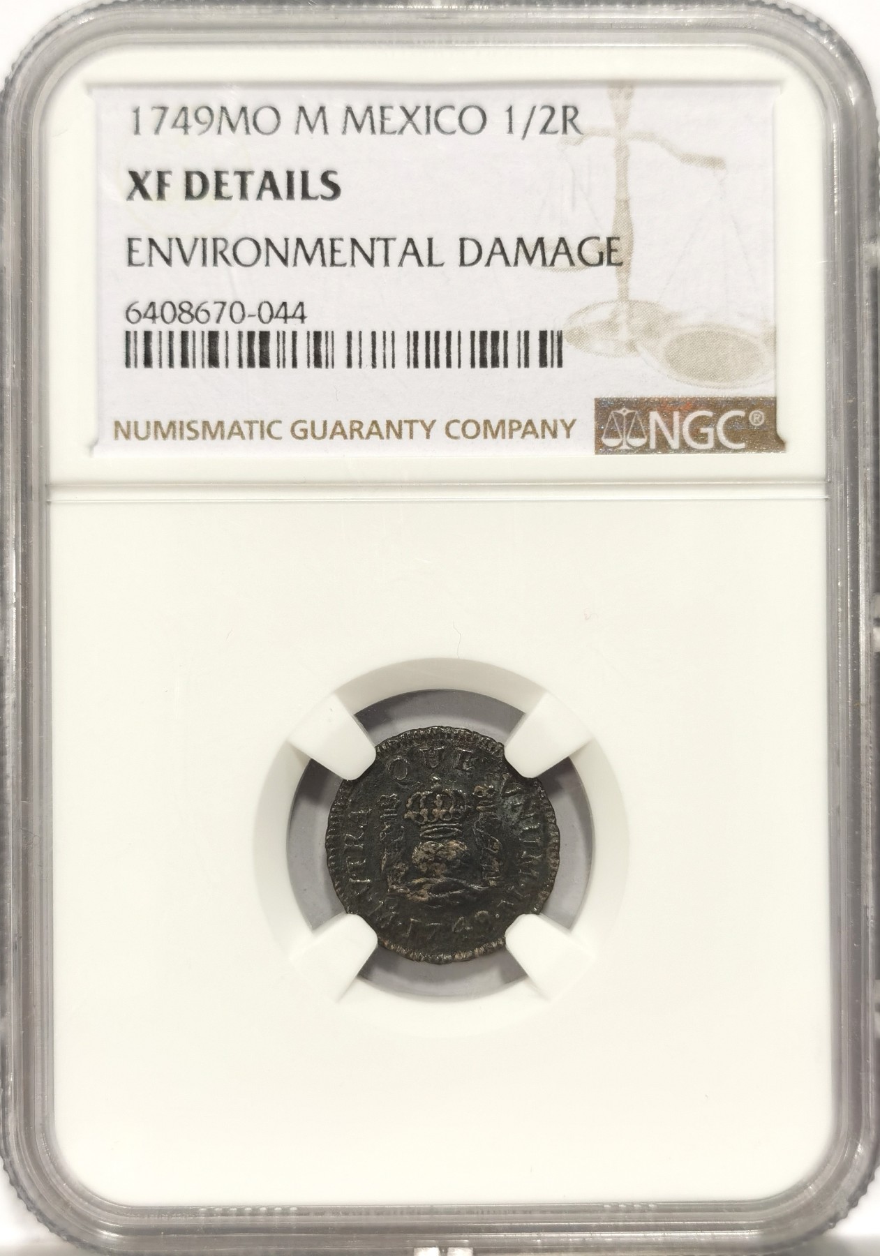 博洋堂世界钱币拍卖第140期（全场包邮） NGC XF 西属墨西哥1749年斐迪南六世地球双柱1/2Real银币，少见半里亚尔小地球，黑漆包浆，细节漂亮