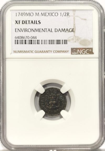 博洋堂世界钱币拍卖第140期（全场包邮） - NGC XF 西属墨西哥1749年斐迪南六世地球双柱1/2Real银币，少见半里亚尔小地球，黑漆包浆，细节漂亮