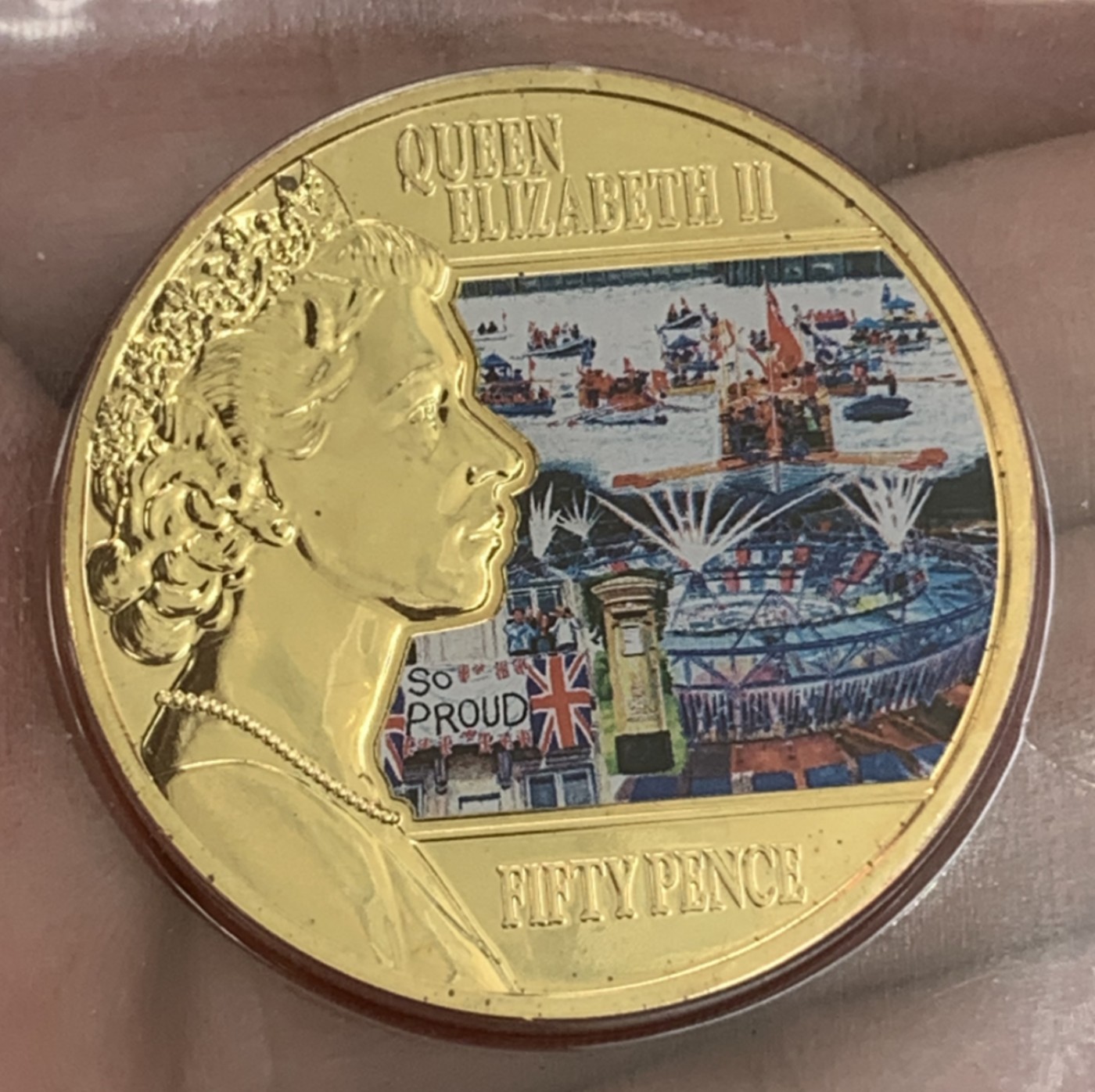 英属泽西岛2014年50便士(时代的反映2012-欢庆的一年)彩色克朗型纪念币  