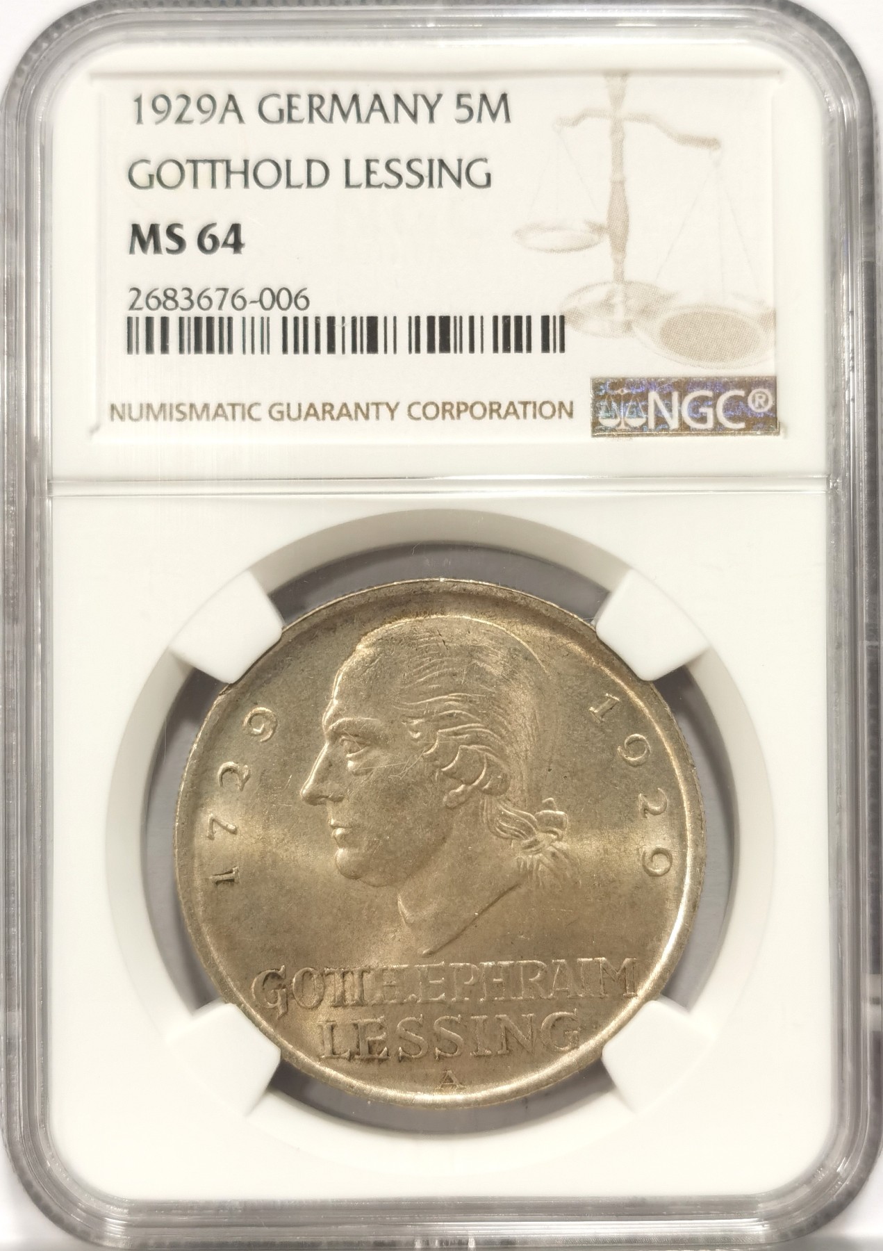 博洋堂世界钱币拍卖第066期（全场包邮） NGC MS64 德国魏玛共和国1929年莱辛5马克纪念银币