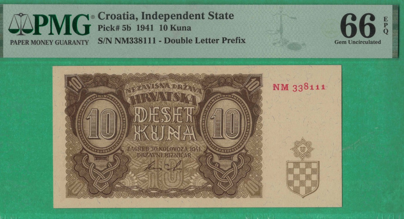 克罗地亚10库纳 1941年 P-5b 无47 豹子号 欧洲纸币 实物如图 UNC