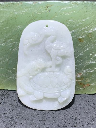 天然A货翡翠雕刻龟鹤延年牌子一个！ - 天然A货翡翠雕刻龟鹤延年牌子一个！