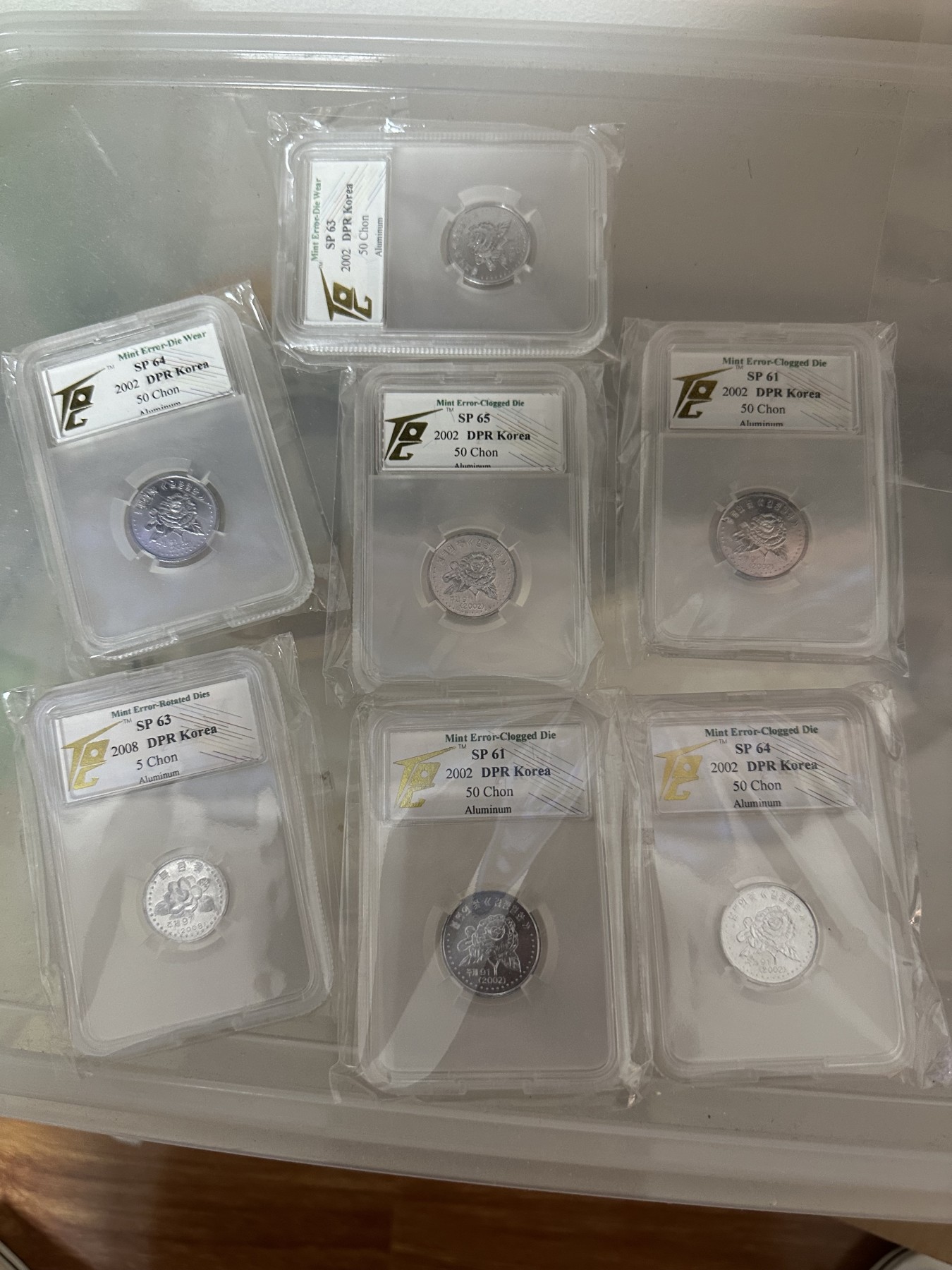 CSIS-GREAT评级精品钱币拍卖第二百一十八期 朝鲜2002年2008年花卉5钱铝样币铝币错币TQG评级7枚