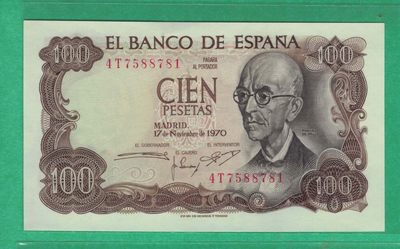 西班牙100比塞塔 1970年(1974年) P-152a 欧洲纸币 实物如图 UNC - 西班牙100比塞塔 1970年(1974年) P-152a 欧洲纸币 实物如图 UNC