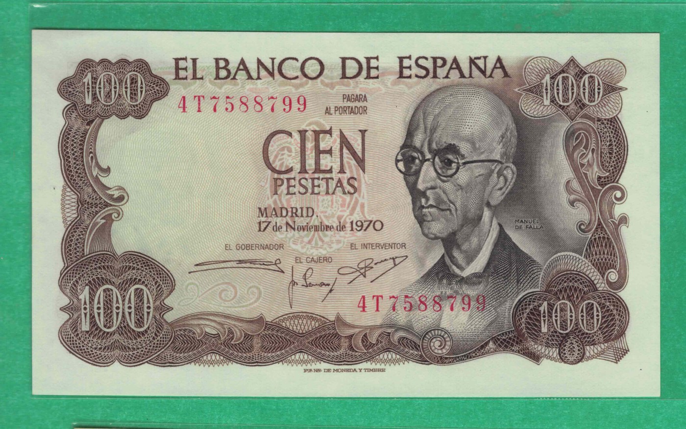 西班牙100比塞塔 1970年(1974年) 99双尾 P-152a 欧洲纸币 实物如图 UNC