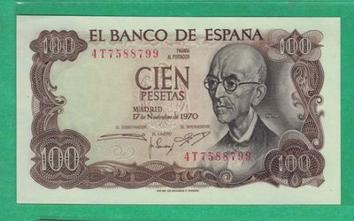 西班牙100比塞塔 1970年(1974年) 99双尾 P-152a 欧洲纸币 实物如图 UNC - 西班牙100比塞塔 1970年(1974年) 99双尾 P-152a 欧洲纸币 实物如图 UNC