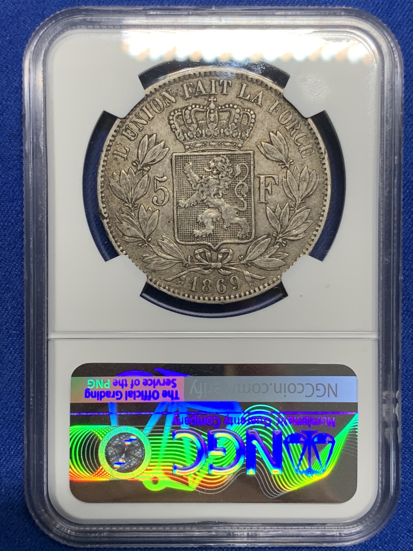 《竞宝斋》第210场-周日，周一 2场 (全场包邮) NGC XFD 比利时1869年利奥波德二世5法郎银币