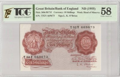 第19次拍卖--英联邦领土硬币、精制银币、纪念币，纸钞 - Bank of England -1960- 10 Shillings, signature: L. K. O'Brien - P368c -T52Y 669673 TQG 58 AUNC 