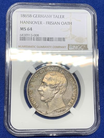 《竞宝斋》第210场-周日，周一 2场 (全场包邮) - NGC MS64 德国 1865年 汉诺威 名誉品 橡树泰勒 高等级分数 PL五彩包浆 实为难得