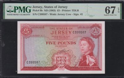 草稿银行第十二期国内外钞票拍卖 - 泽西岛 1963年5镑 女王肖像 号码全程无4 PMG 67