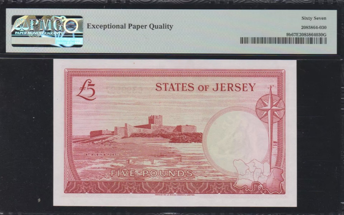 草稿银行第十二期国内外钞票拍卖 泽西岛 1963年5镑 女王肖像 号码全程无4 PMG 67