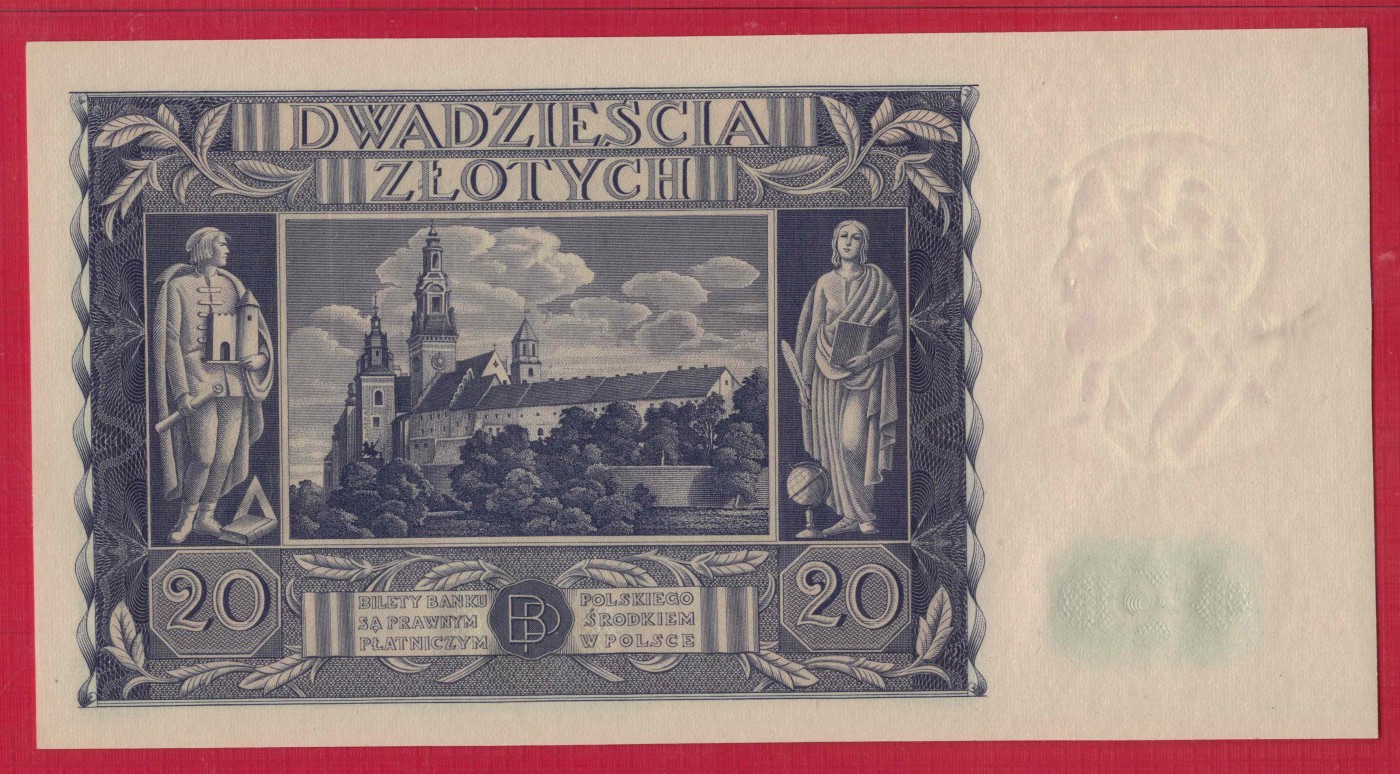 波兰20兹罗提 1936年 无4 乱蛇号 P-77 欧洲纸币 实物图 UNC