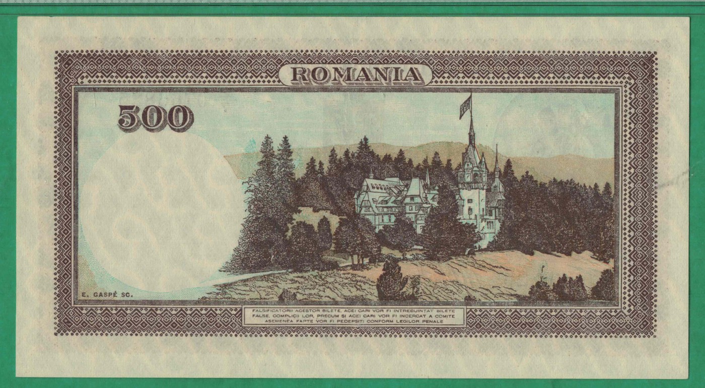 罗马尼亚500列伊 1940年至1943年(1941年) 无4 P-51a 欧洲纸币 实物图 UNC