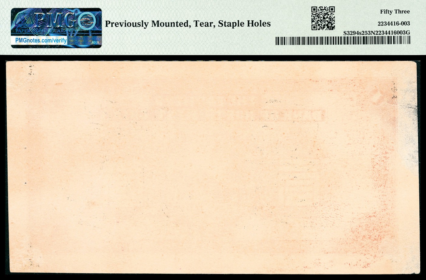 金玉满堂-2023年宜和秋季拍卖-纸币专场 民国二十九年（1940年）西北农民银行壹圆，绿色马拉犁图，单面样本，正背面各一枚，正面PMG 53，Previously Mounted，Staple Holes；背面PMG 53 NET，Previously Mounted，Tear，Staple Holes，均为唯一冠军分。