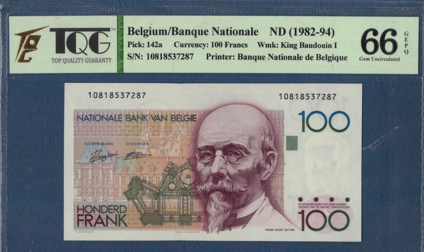 比利时100法郎 1982年至1994年 P-142a 签名少 无4 欧洲 实物图 UNC