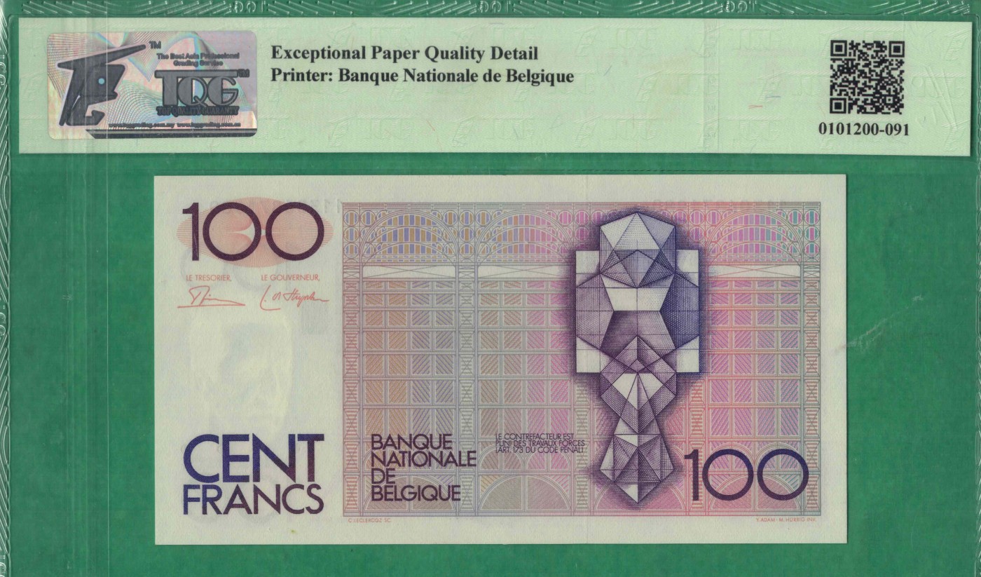 比利时100法郎 1982年至1994年 P-142a 签名少 无4 欧洲 实物图 UNC