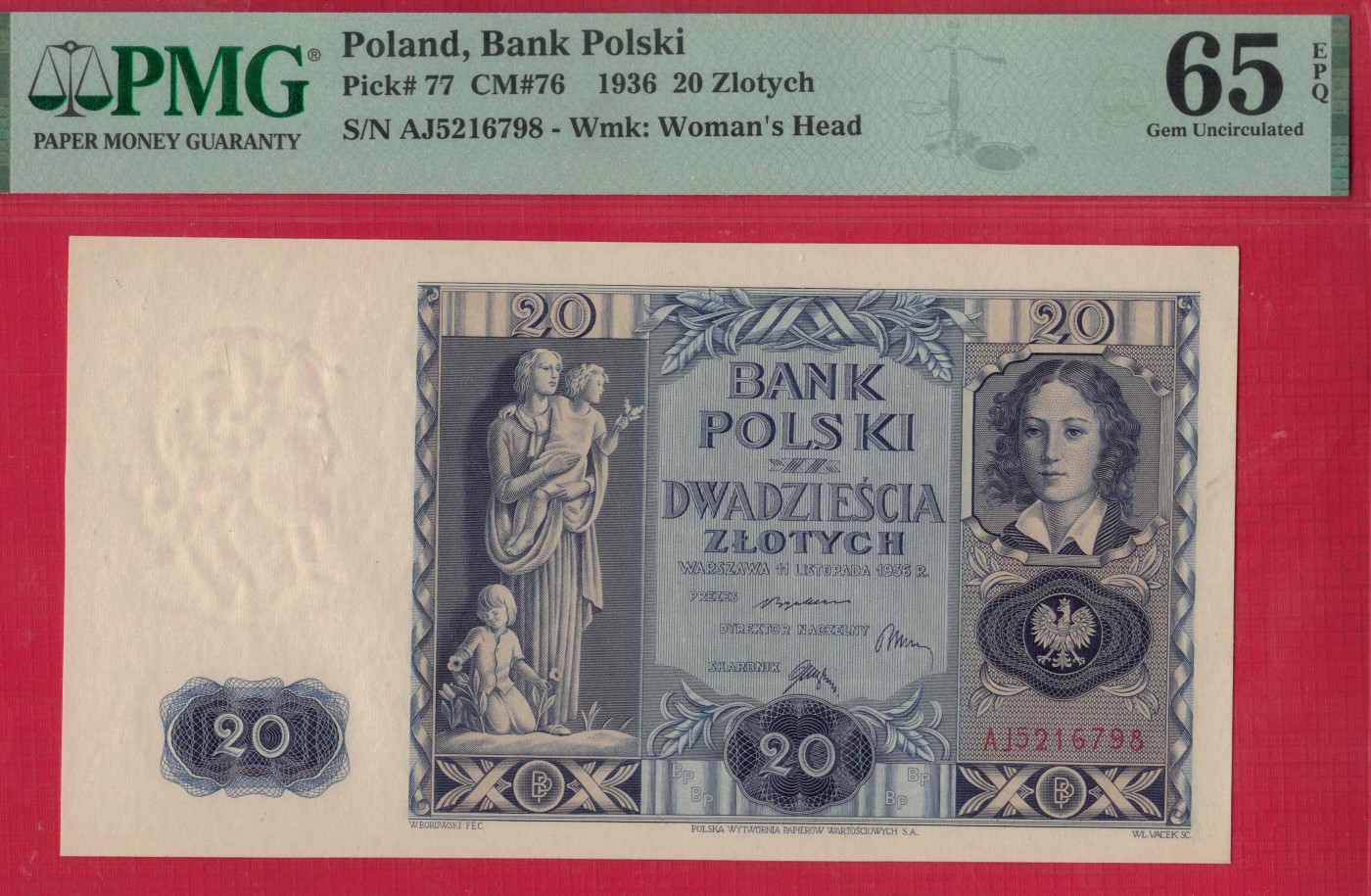 波兰20兹罗提 1936年 无4 乱蛇号 P-77 欧洲纸币 实物图 UNC
