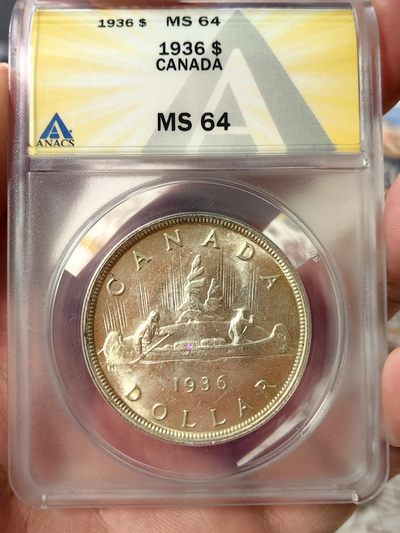 橡树集藏-007场 相约双11 - anacs-Ms64 1936年加拿大乔五大银币 原住民划船 少见单年份 海峡殖民地同款加冕头像 高分不易 实物状态佳  