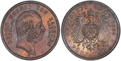 博洋堂“生趣盎然”4月精品专场暨第169期（全场包邮） PCGS MS64 德国萨克森1904年乔治逝世加字5马克纪念银币，老盒严评，玫瑰五彩底板