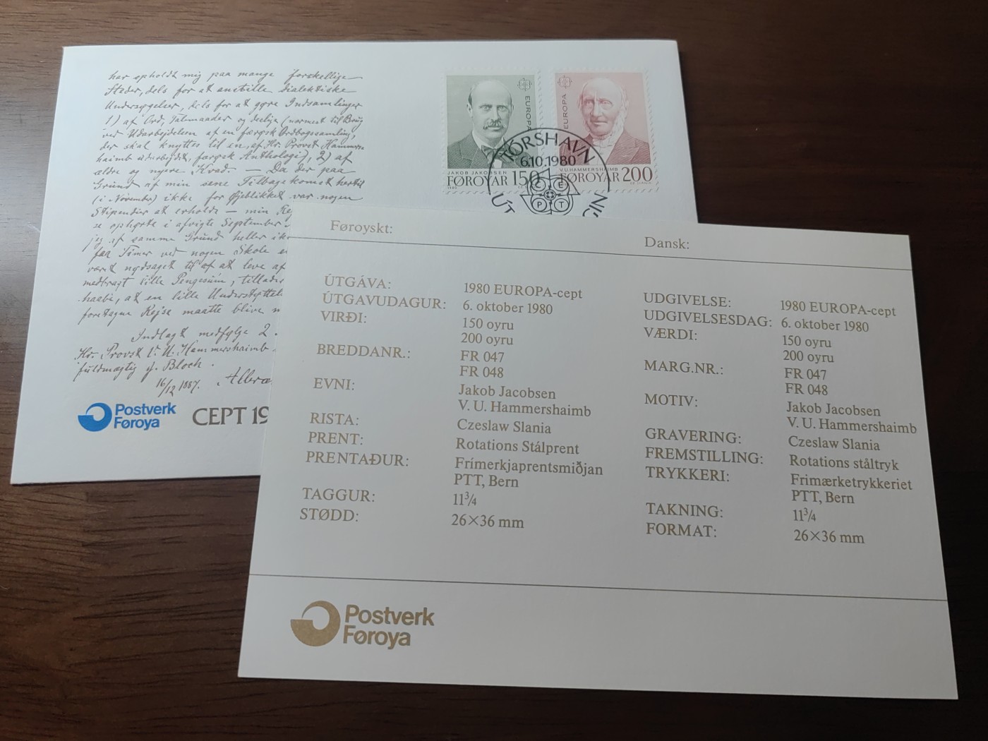 精选邮品专场（秒杀）第①⑨场 丹属法罗群岛1980年 语言学家雅各布森、神学家赛尔首日封