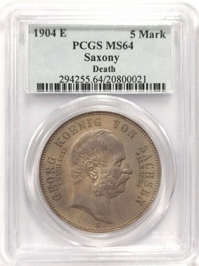 博洋堂“生趣盎然”4月精品专场暨第169期（全场包邮） PCGS MS64 德国萨克森1904年乔治逝世加字5马克纪念银币，老盒严评，玫瑰五彩底板