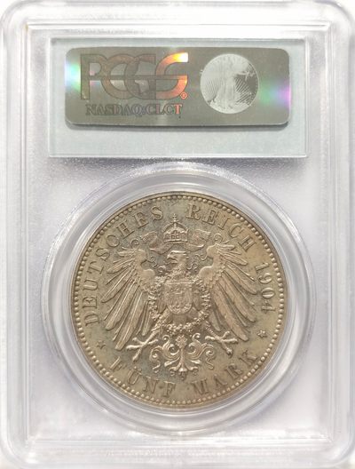 博洋堂“生趣盎然”4月精品专场暨第169期（全场包邮） PCGS MS64 德国萨克森1904年乔治逝世加字5马克纪念银币，老盒严评，玫瑰五彩底板