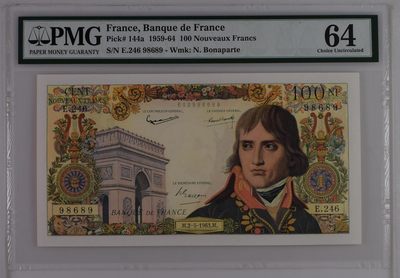 收藏联盟Quantum Auction 第301期拍卖  - 法国1959-64年100新法郎 PMG64 拿破仑 旋转倒置号 圆圆号 