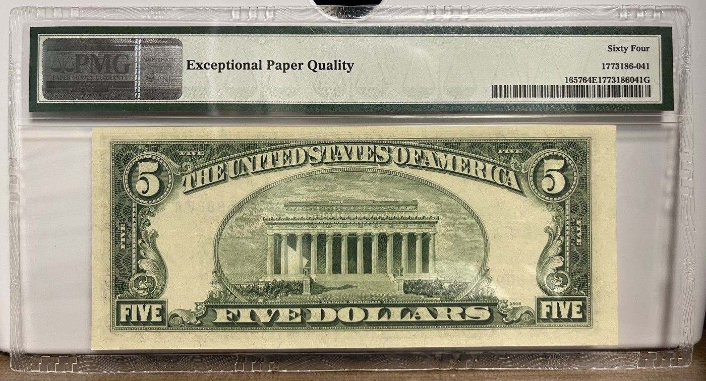 Chase Auction 第25期 - - 外钞、民国钞和人民币混合场！ 1953B版 5美元 银币券（Silver Certificate）F区首发A冠 PMG老壳严格评级 64EPQ 狮子尾数8888