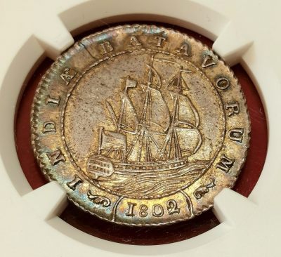 凡希社世界钱币微拍第二百五十三期 - 荐！1802荷属东印度帆船一盾银币NGC-AU53原味五彩！