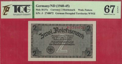 德国1940年至1945年2马克 二战时期 P-R137a 欧洲纸币 实物图 UNC - 德国1940年至1945年2马克 二战时期 P-R137a 欧洲纸币 实物图 UNC