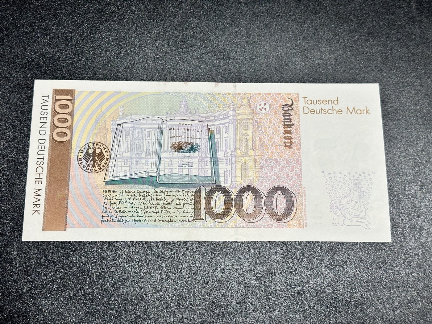 《外钞收藏家》第三百三十期 1991年德国1000马克 格林兄弟 AA冠 全新 基本没问题 中间有点安全压痕少许漏墨